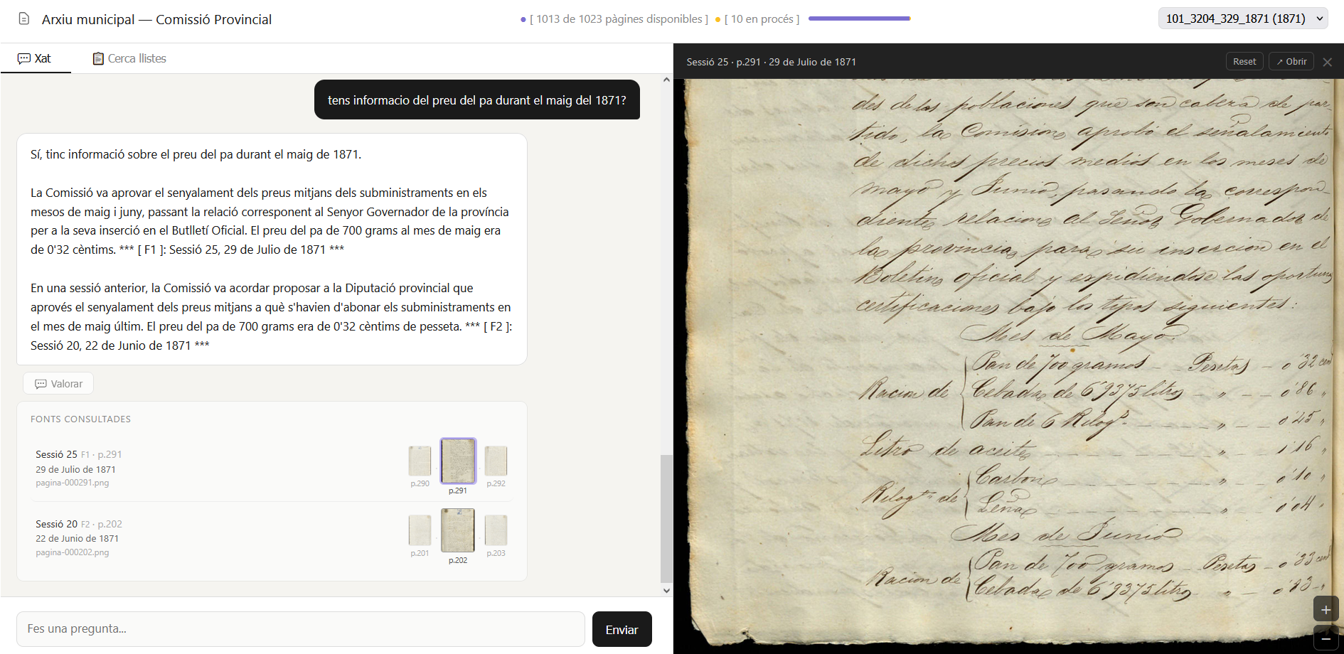 Scritium responent una pregunta sobre el preu del pa el 1871, amb les fonts citades i el document manuscrit original al costat